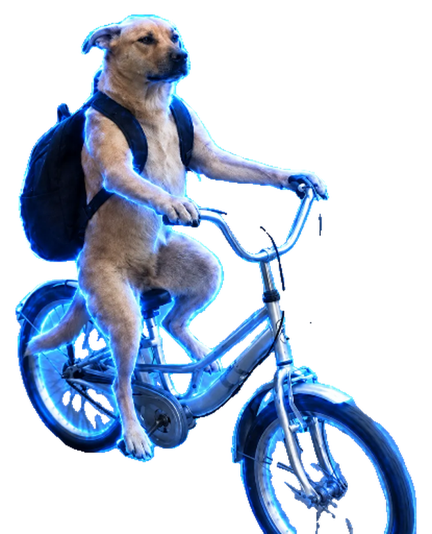 Dog Bike, a dog wearing a backpack, riding a silver bicycle