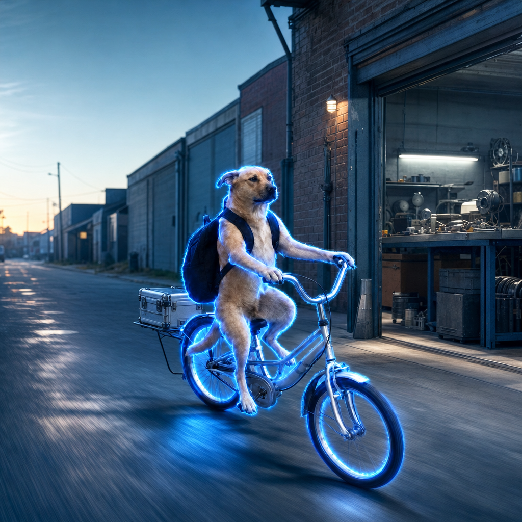 Dog Bike riding past an open workshop on an industrial street at dusk